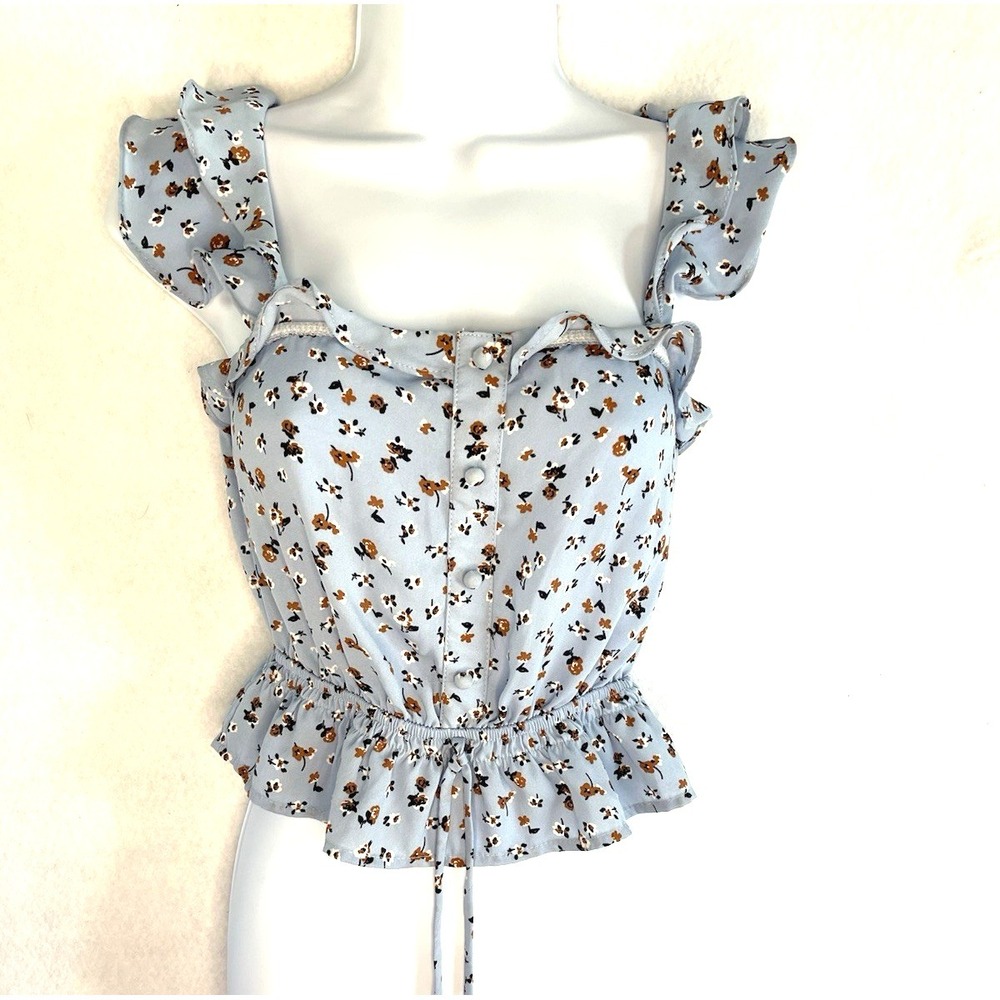 Sienna Sky Blue Floral‎ Ruffle Sleeveless Crop Top Ruffled bottom hem XS Dainty